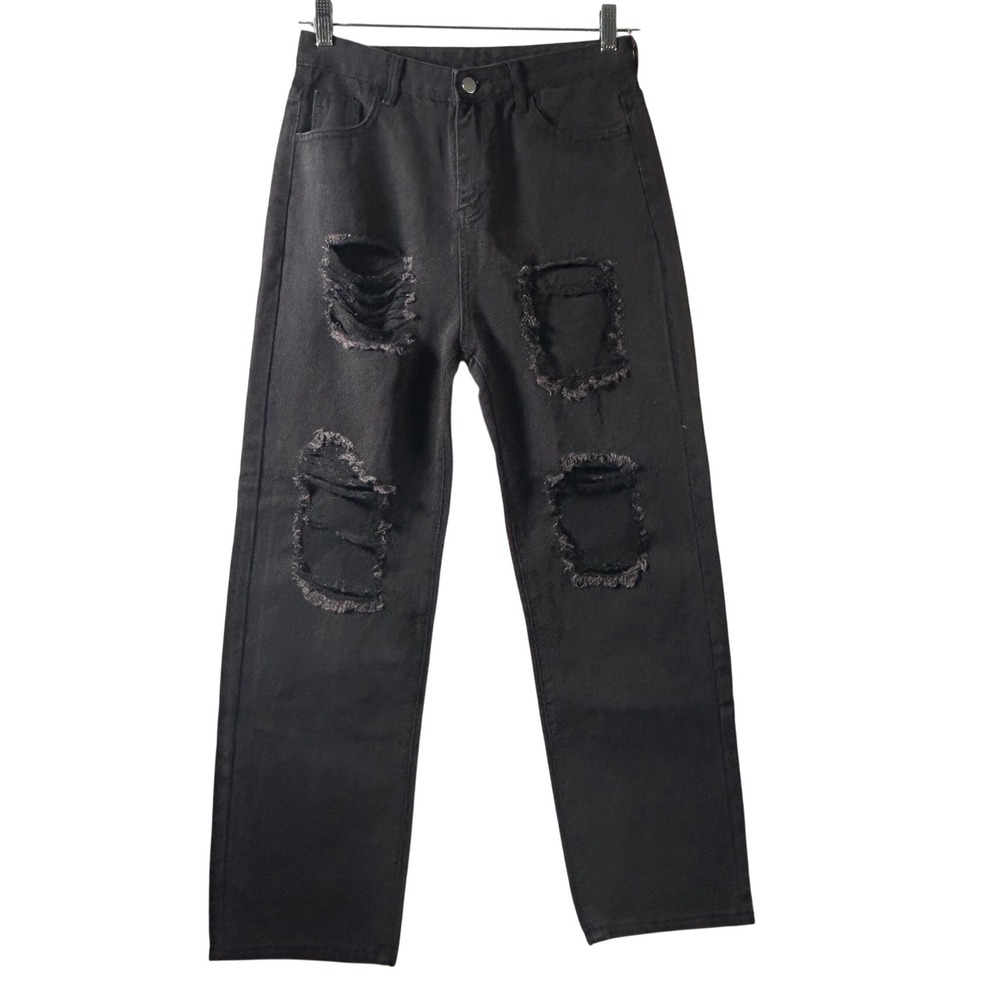 Black Distressed‎ Ripped Jeans Women's Size S Wide Leg Baggy Denim Pants
